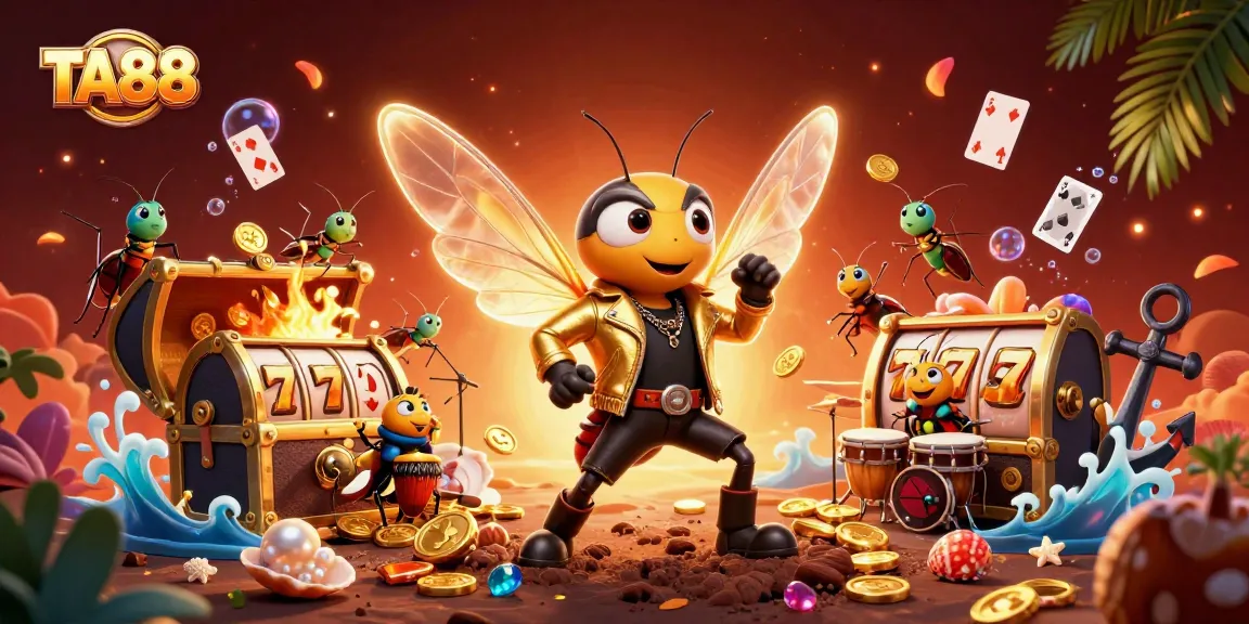 Engage with TA88 casino excitement in a vibrant 3D illustration featuring a cicada rock star and dynamic gaming elements.