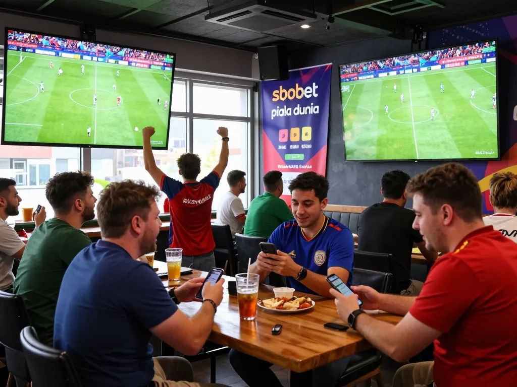 Suasana bar olahraga yang menarik memperlihatkan para penggemar memasang taruhan sbobet piala dunia selama Piala Dunia.