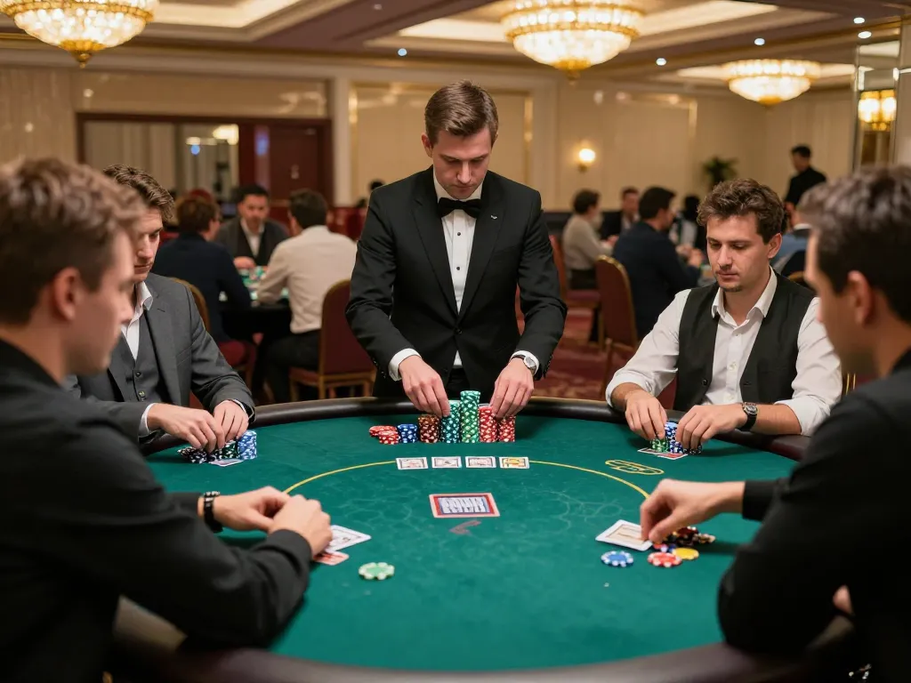 Engaged players at poker tables on nk88 com, highlighting strategic gameplay atmosphere in a luxurious casino