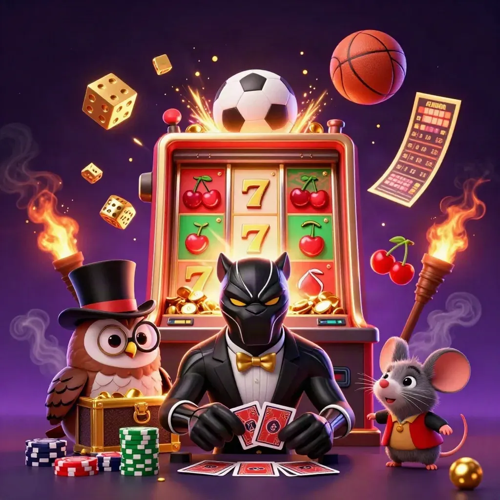 Panther, owl, and mouse with flying casino symbols, basketball, soccer ball, and gold glow.