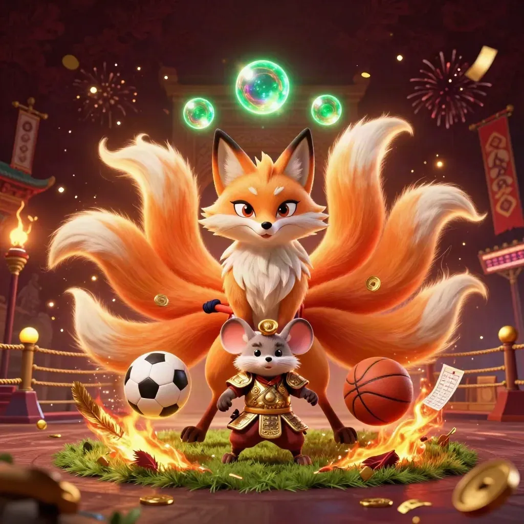 Neon fox spirit and armored mouse amid balls, coins, temple gate, and casino glow
