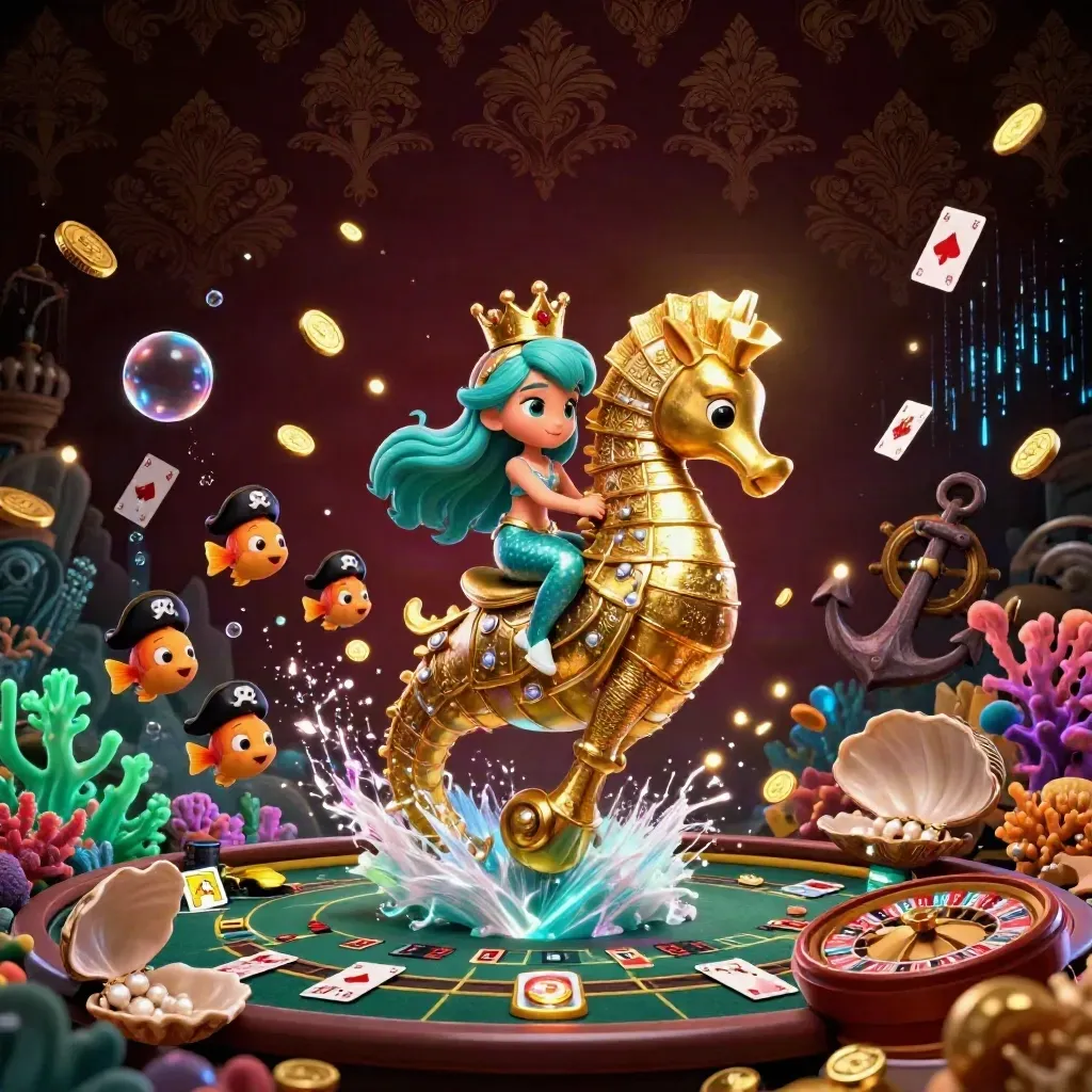 Mermaid princess on armored seahorse in a glowing underwater casino treasure cove.