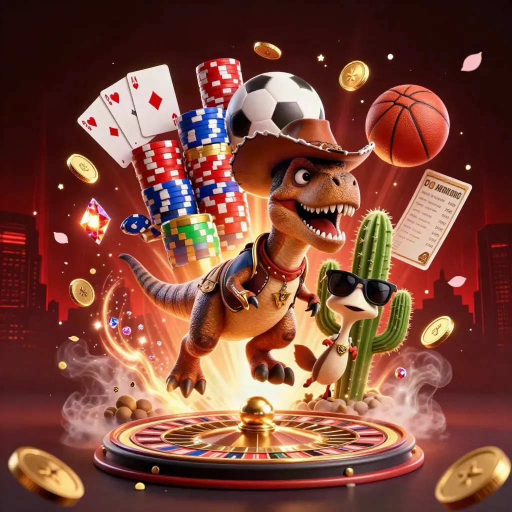 Cowboy T-Rex, cactus, and roadrunner amid roulette wheel, coins, cards, and red-gold casino glow