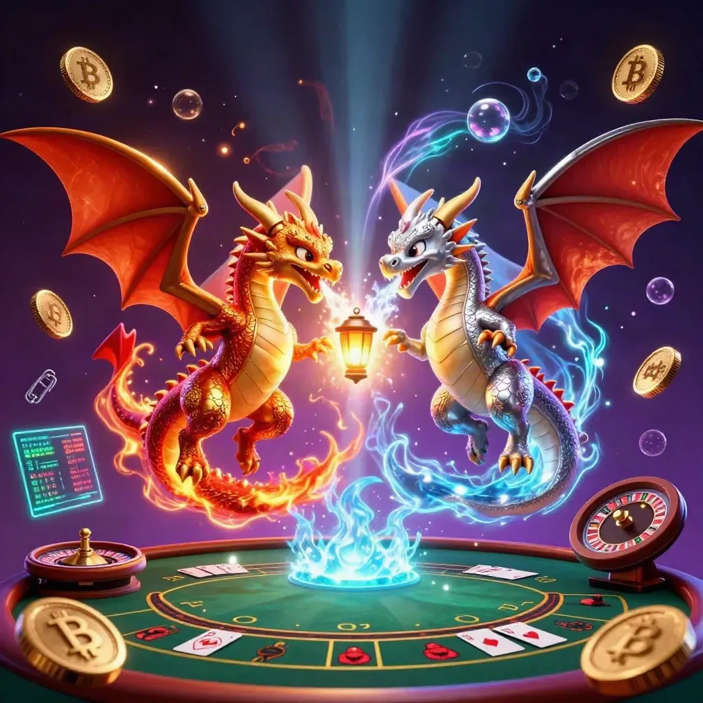 Gold and silver dragons orbit a lantern spirit amid casino lights, coins, roulette, and neon energy.