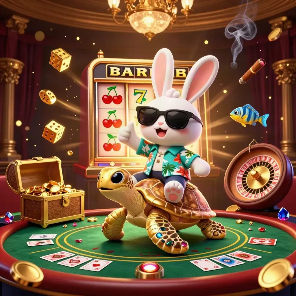 Lucky rabbit rides a jeweled sea turtle amid jackpots, roulette, and glowing casino gold.