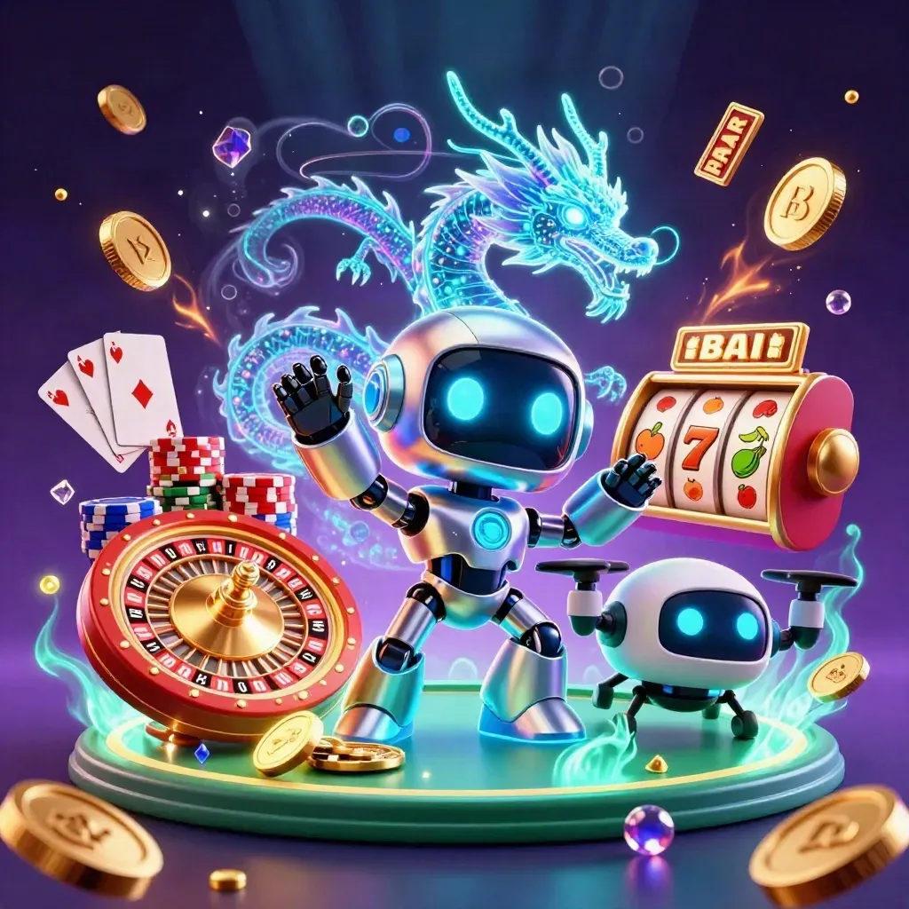 Cyberpunk robot, holographic dragon and coin drone amid roulette, chips, coins and neon glow.