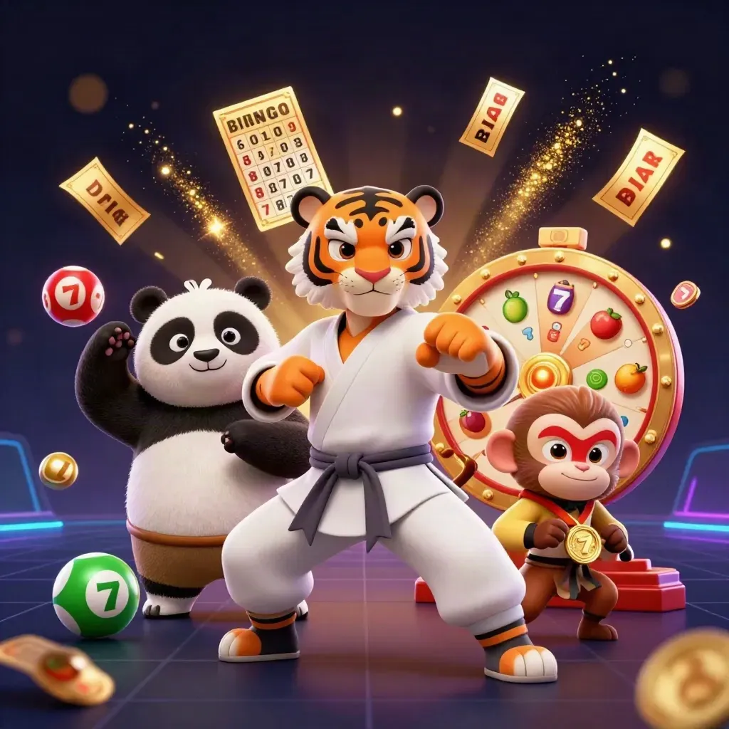 Kung-fu tiger, panda, and monkey amid jackpot roulette confetti and glowing casino effects