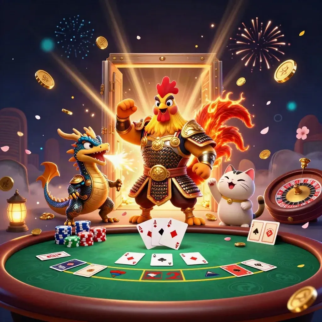 Rooster warrior, dragon hatchling and fortune cat amid exploding vault, coins, roulette and chips.