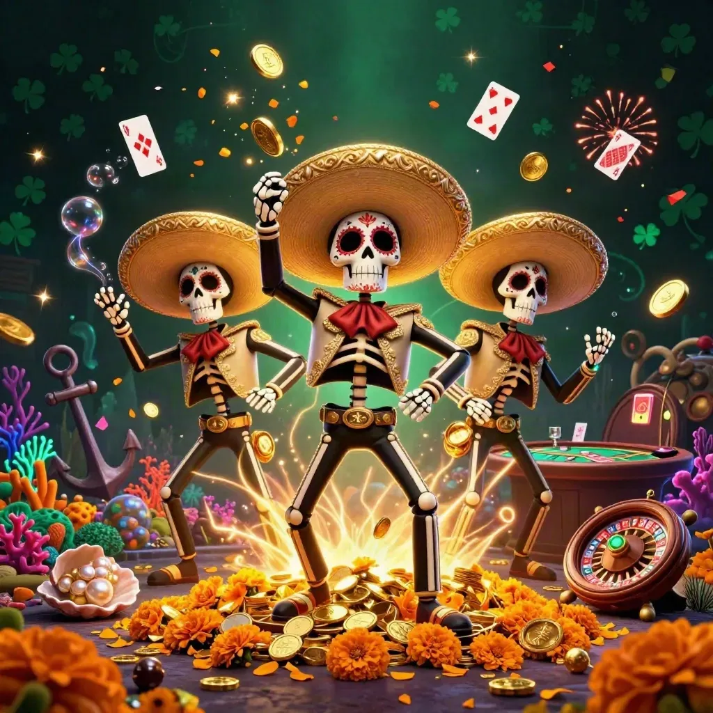 Skeleton mariachi trio amid casino treasure, roulette wheel, fireworks, and emerald glow.