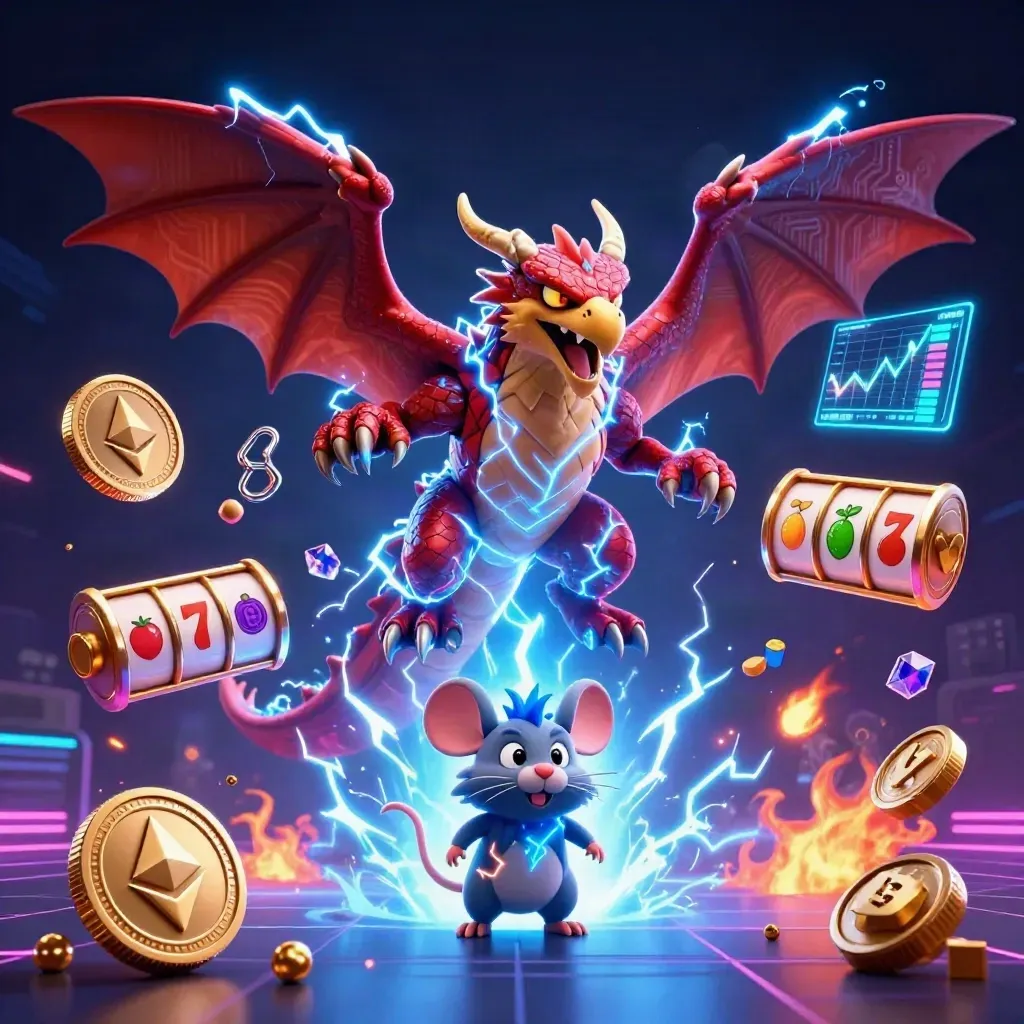 Thunder dragon, glowing hawk, and crackling mouse blast out crypto casino energy.