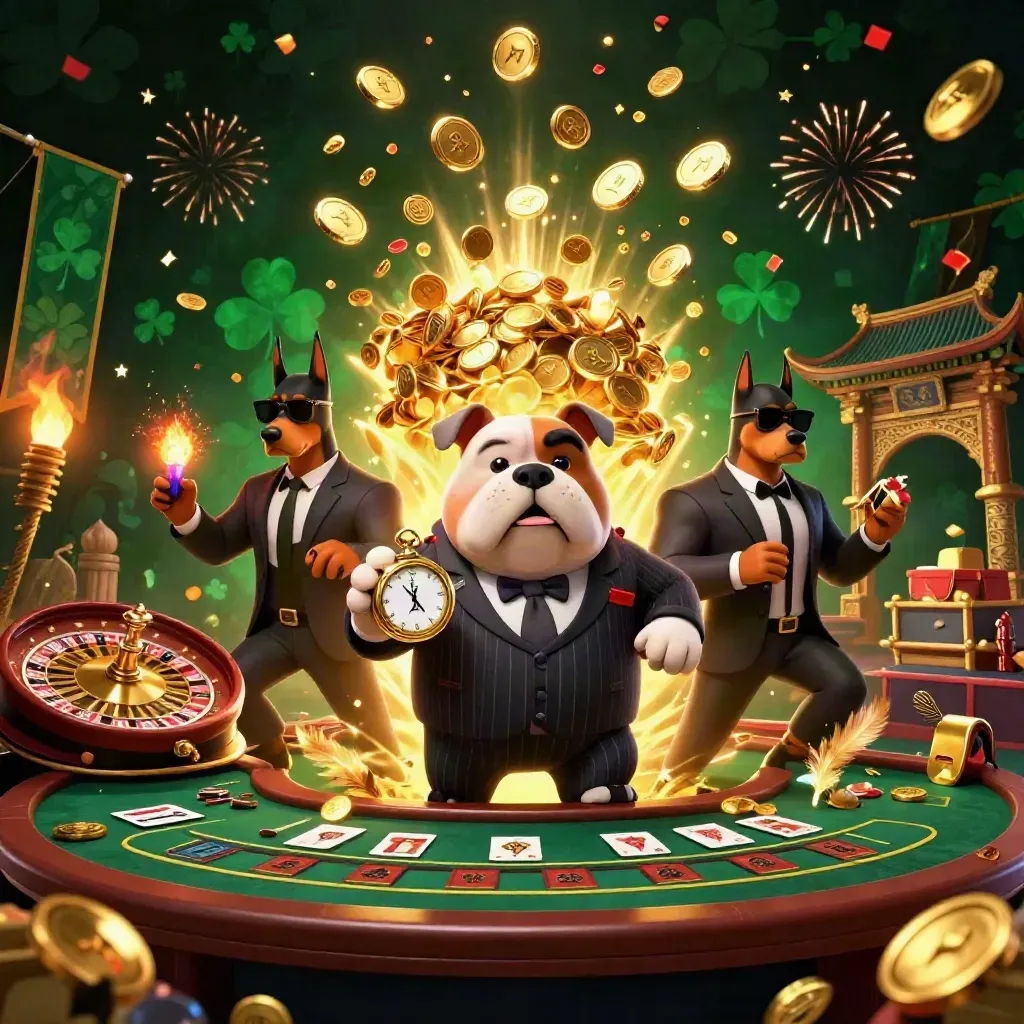 Bulldog boss and Dobermans amid spinning roulette, coins, fireworks, and casino luxury