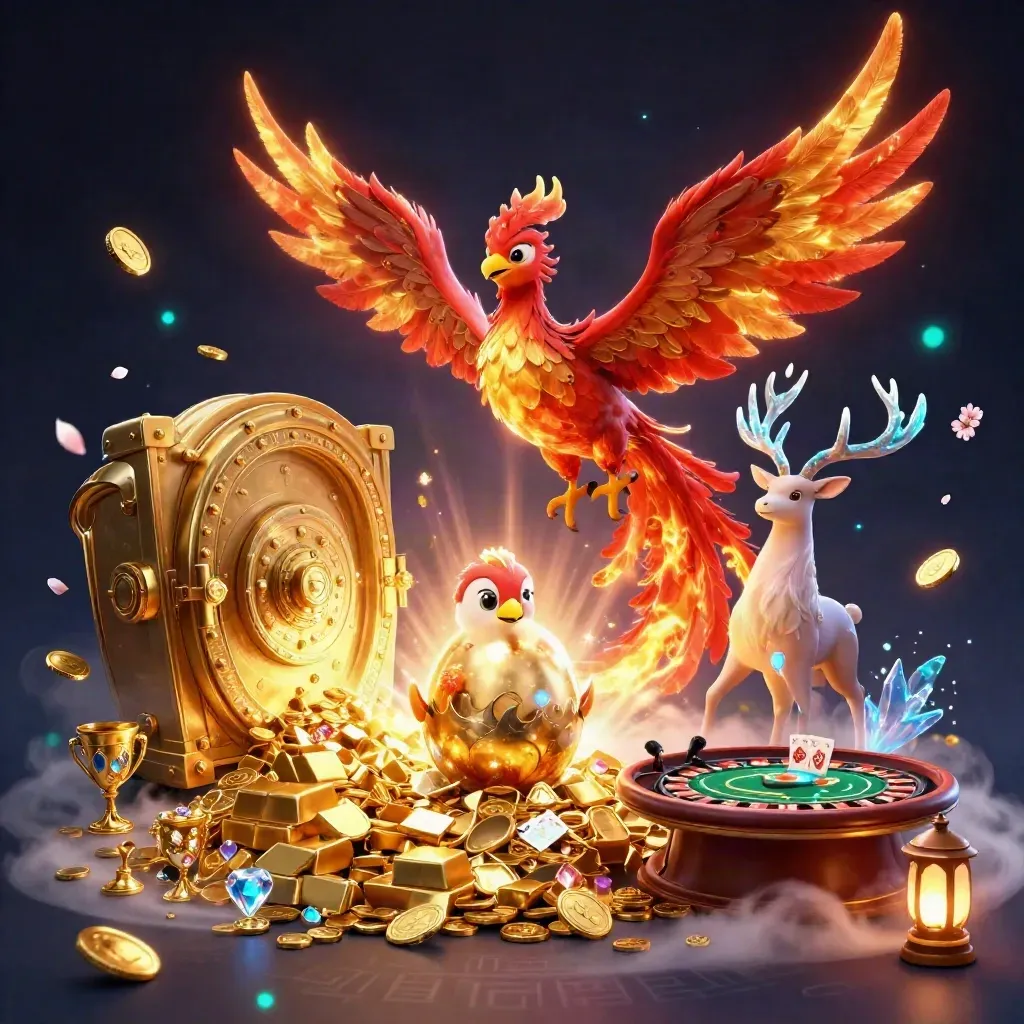Phoenix, hatching chick, and crystal stag amid vault gold, roulette wheel, and casino sparks.