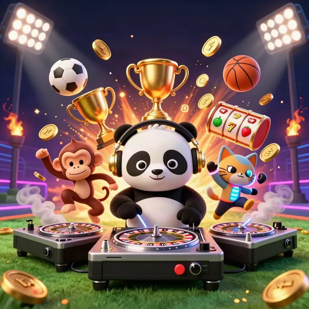 DJ panda, monkey, and kitten in a neon casino scene with roulette wheels and flying coins