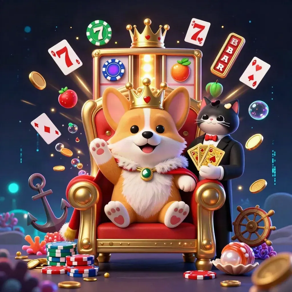 Royal corgi on chip throne with cat butler, gold coins, coral, cards, and slot icons in a luxe casino scene.
