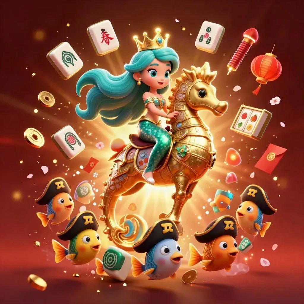 Mermaid princess on a gold seahorse amid casino icons, lanterns, coins, and glowing jackpot effects.