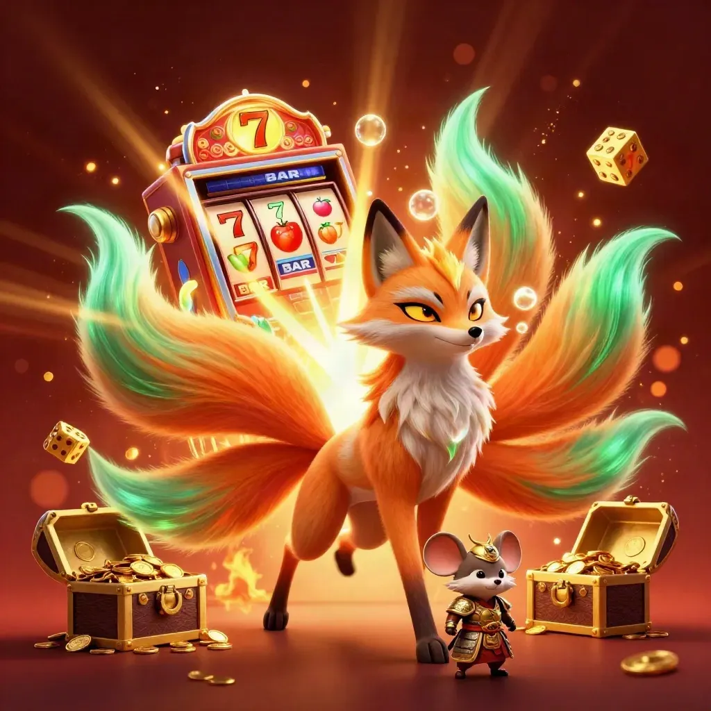 Fox spirit, mouse knight, slot machine burst, gold coins, ember-lit casino glow