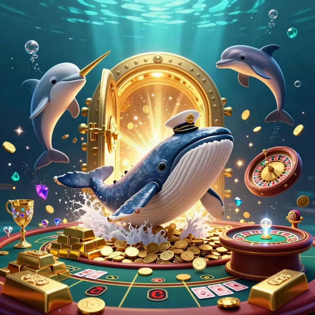 Cartoon whale captain, narwhal, and dolphins in a glowing underwater casino scene with gold and roulette