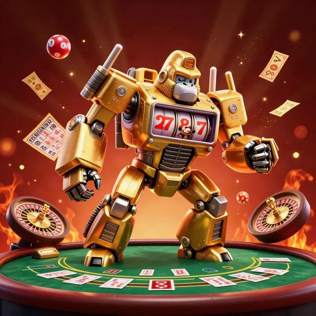 Golden gorilla mech with a monkey pilot, roulette, jackpot tickets and casino lights.