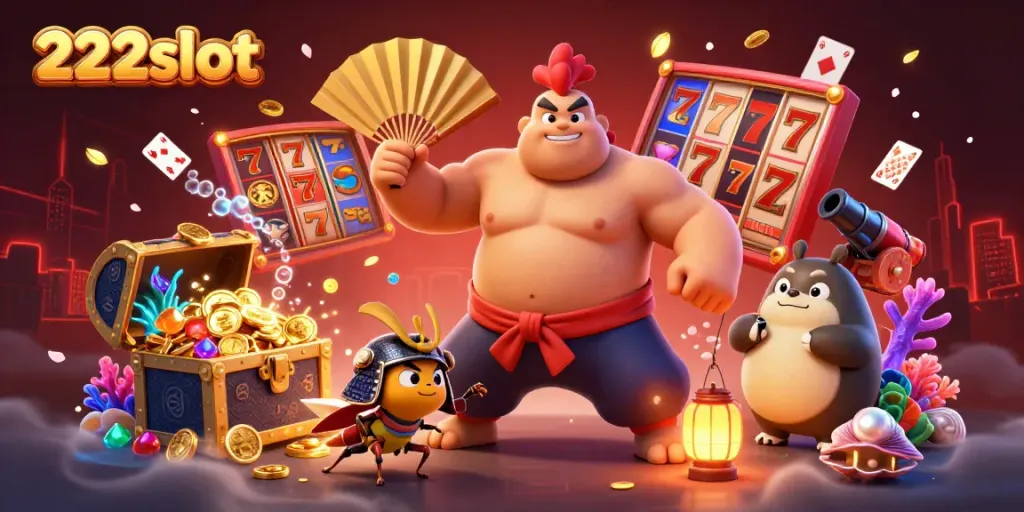 Menggulung jackpot pada 222slot dengan simbol permainan berkilau yang dikelilingi oleh keberuntungan.