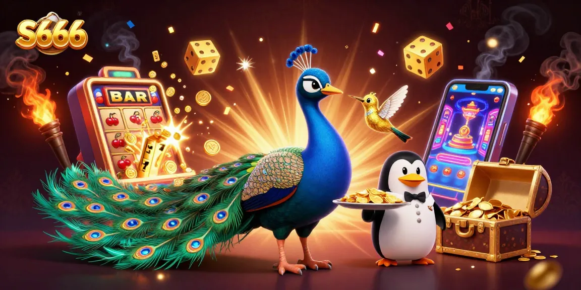 S666 casino illustration showcasing an aristocratic peacock, a butler penguin, and a golden hummingbird amidst gaming excitement.