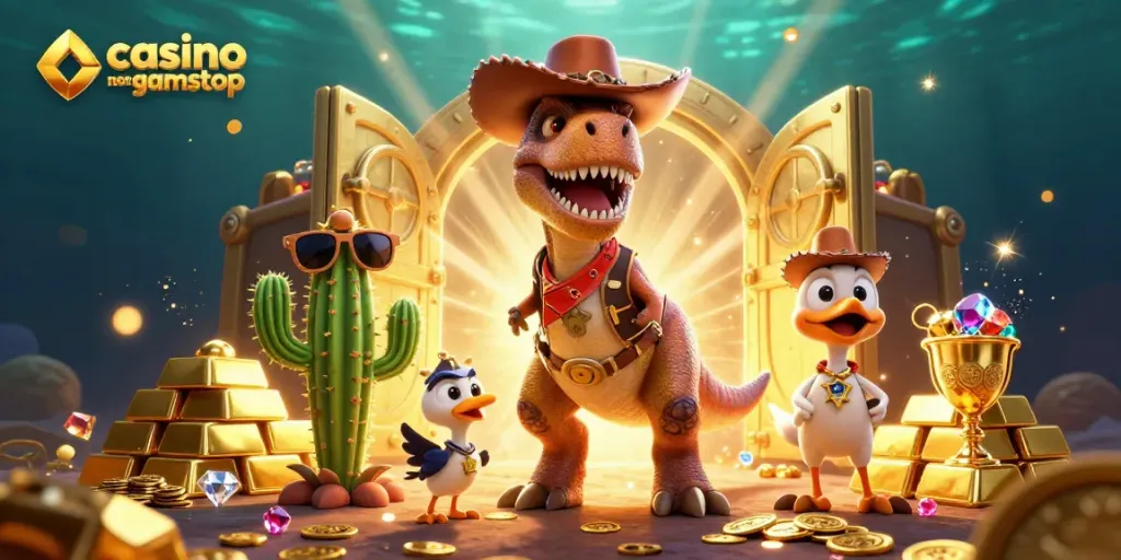 Experience thrilling adventures at a casino not on gamstop with cartoon dinosaurs and treasures.