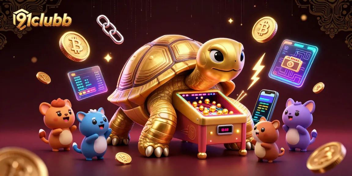 Play exciting games on 91clubb with a vibrant 3D scene featuring a colossal golden tortoise pinball machine.
