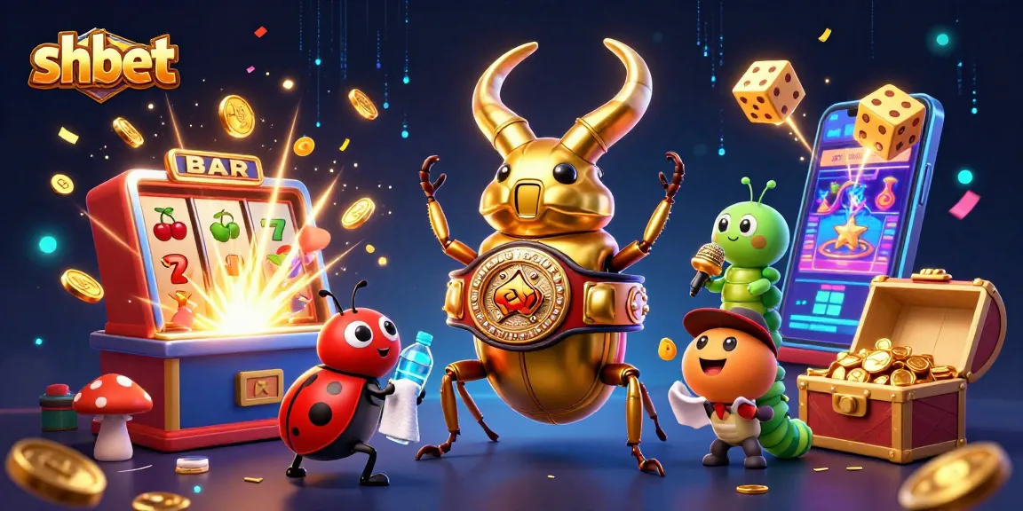 Bet big on SHBET with a dynamic 3D gambling scene showcasing vibrant slot machines and characters.