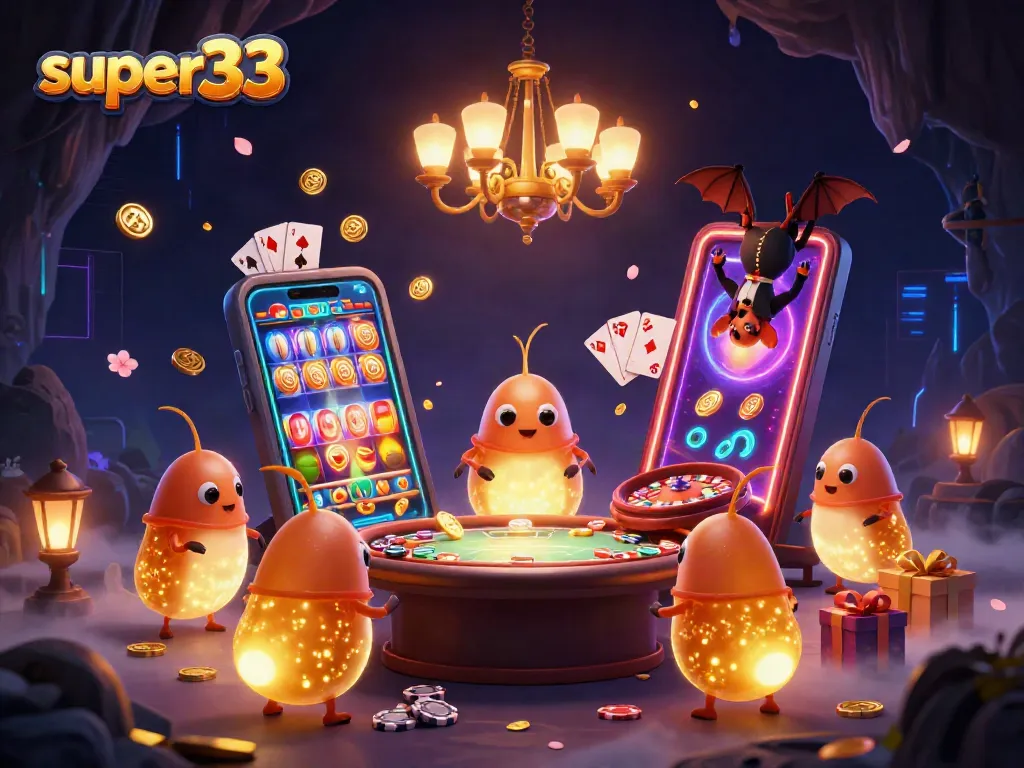 Play exhilarating games of chance in a lively super33 illuminated cave casino scene with glowworms and festive decor.