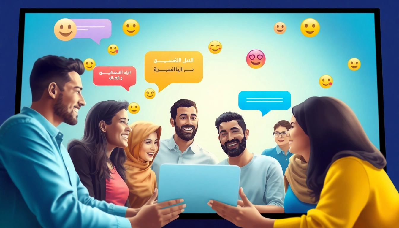 مشهد دردشة عبر الإنترنت جذاب يمثل شات عربي مع متحدثين عرب متنوعين في أجواء حيوية.