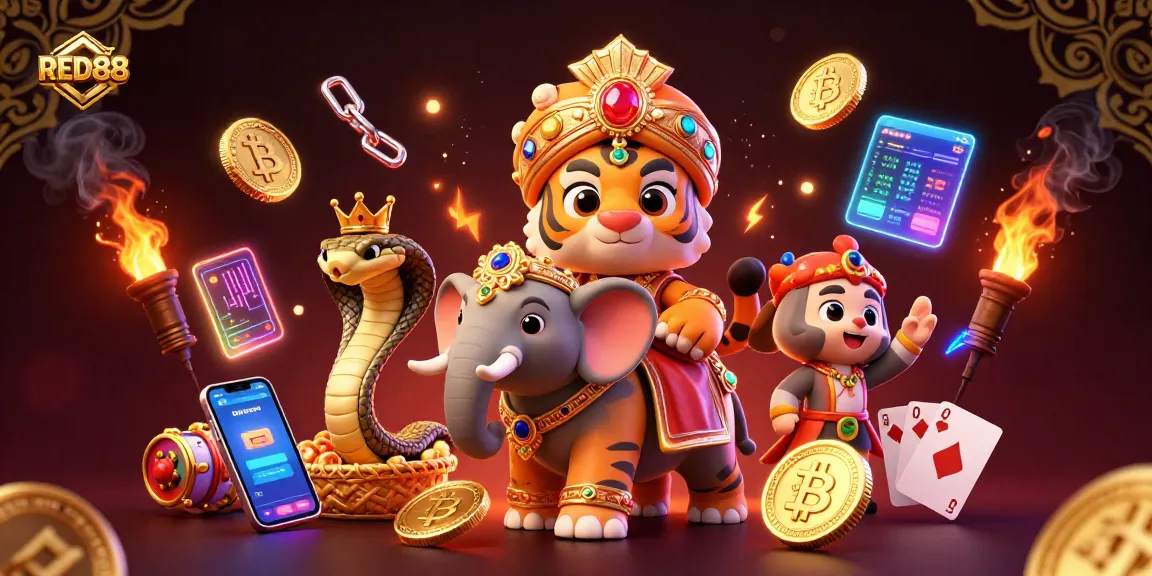 Play exciting games at RED88 with a vibrant 3D casino illustration featuring unique characters.