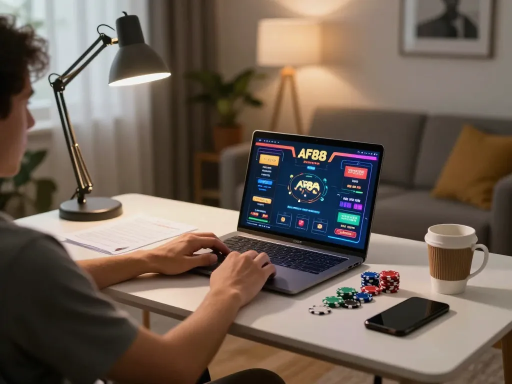 Engaging AF88 game session on a laptop, showcasing strategic gameplay with poker chips and betting notes.