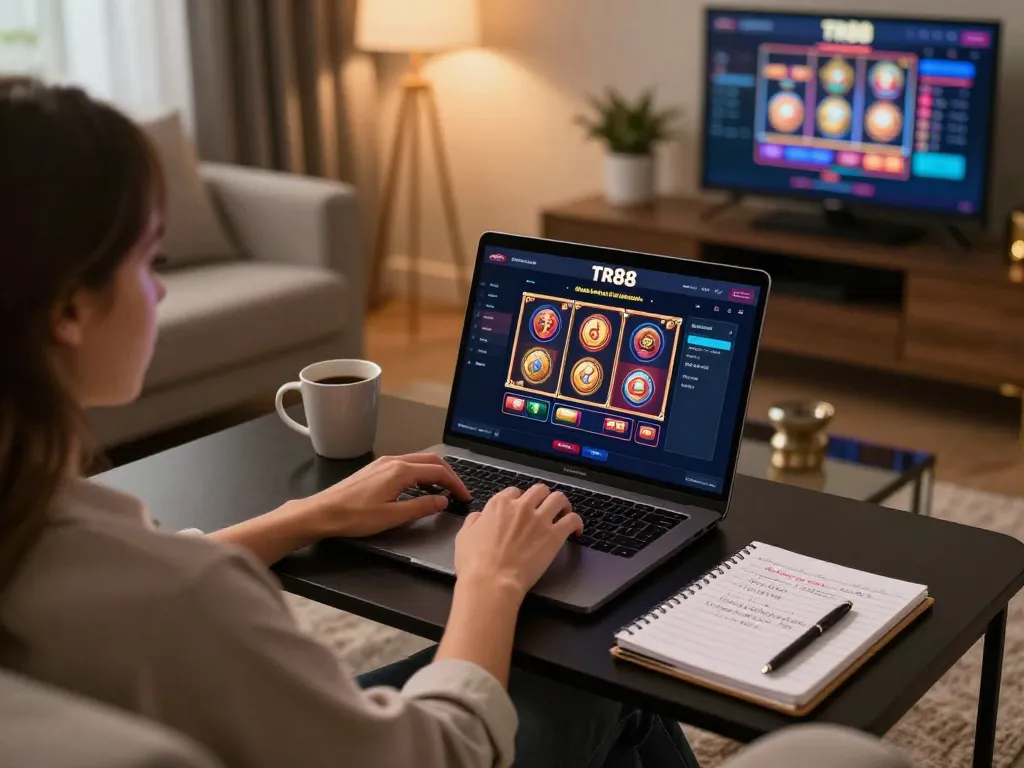 Engaging with Tr88 chính thức online gaming on a laptop in a cozy home setting, promoting responsible gambling.