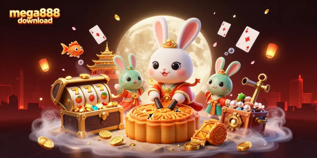 Join the fun with mega888 download, featuring a moon rabbit crushing mooncakes for casino chips in a vibrant scene.