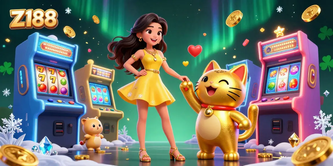 Z188 online casino scene with a cheerful woman and lucky cat surrounded by vibrant gaming elements and golden coins.