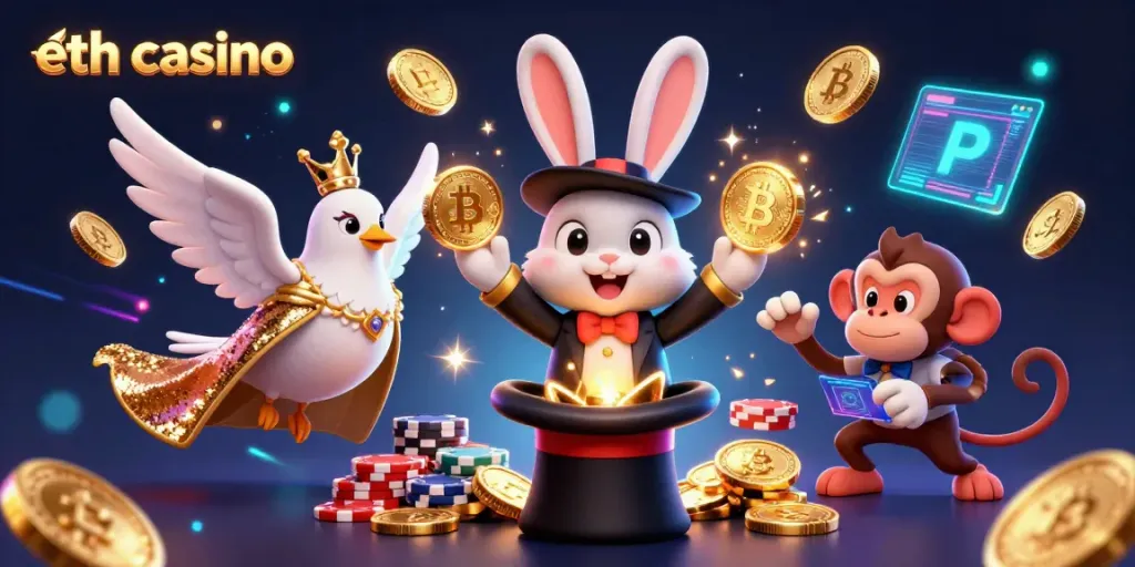 Experience winning at eth casino with a magician rabbit, dove, and monkey amidst golden coins.