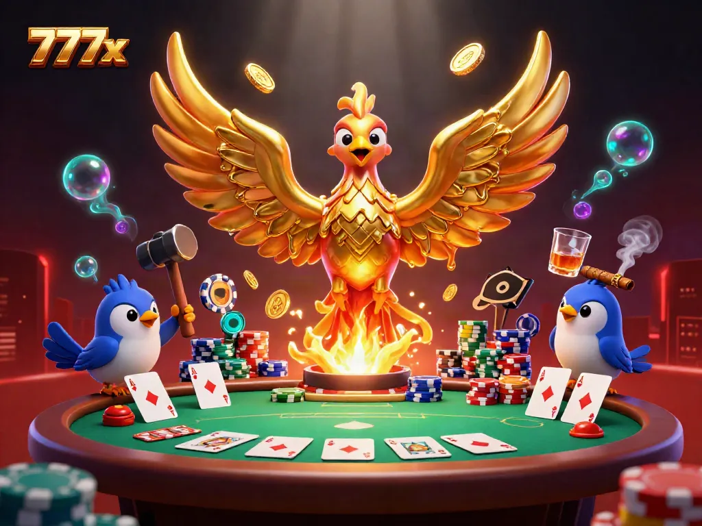Experience excitement at 777x with a vibrant 3D scene showcasing a molten golden phoenix in a lively casino setting.