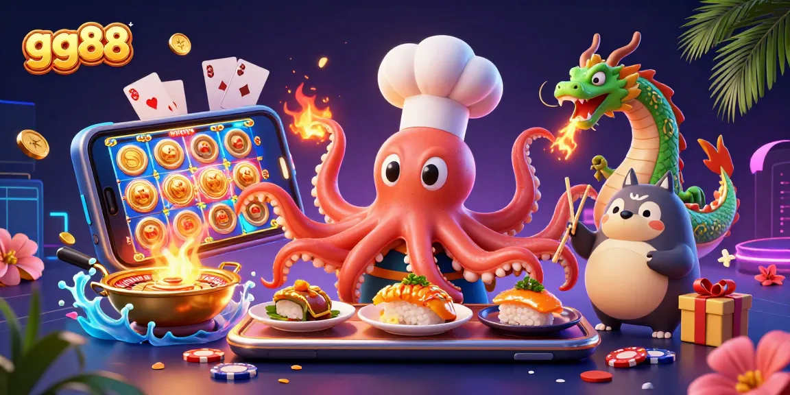 Play exciting slot games with gg88's vibrant casino scene featuring animated characters and game elements.