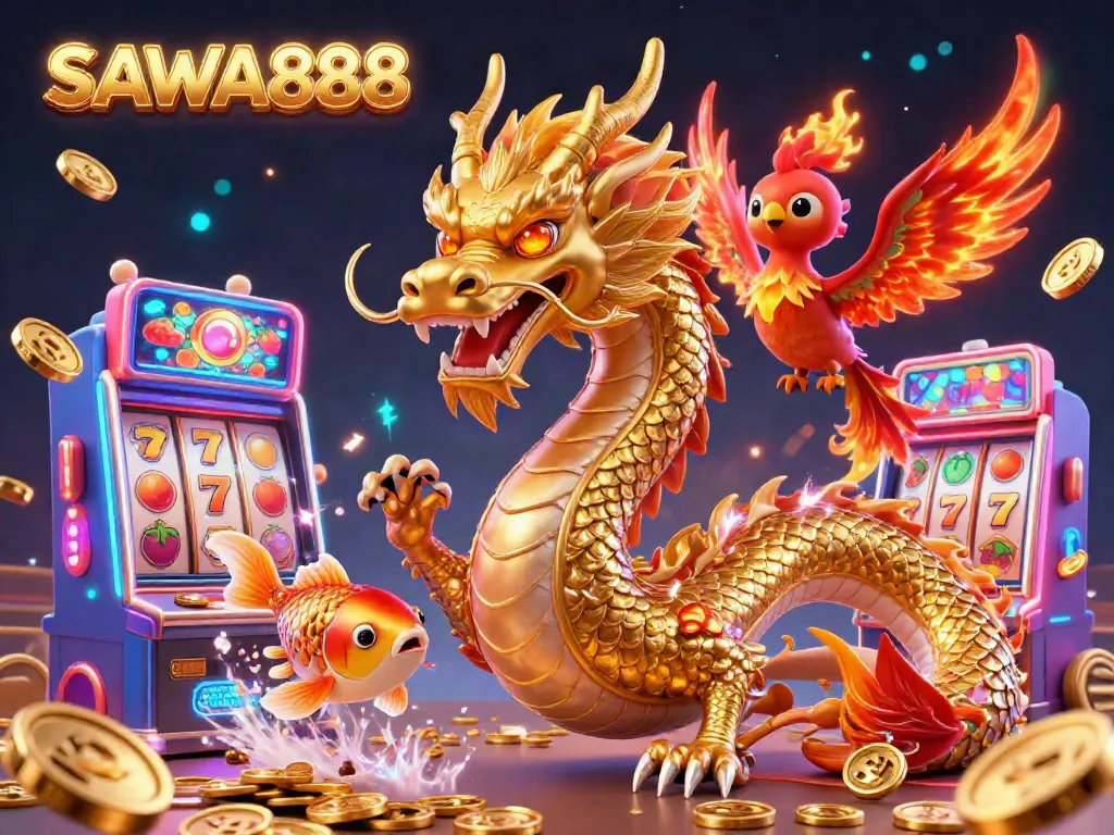 Engage with SAWA888's thrilling slots featuring a vibrant dragon, phoenix, and koi amidst cascading coins.