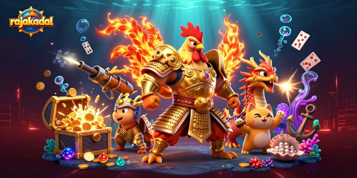 Rasakan sensasi taruhan di rajakadal dengan ayam petarung dan naga berapi dalam ilustrasi kasino.