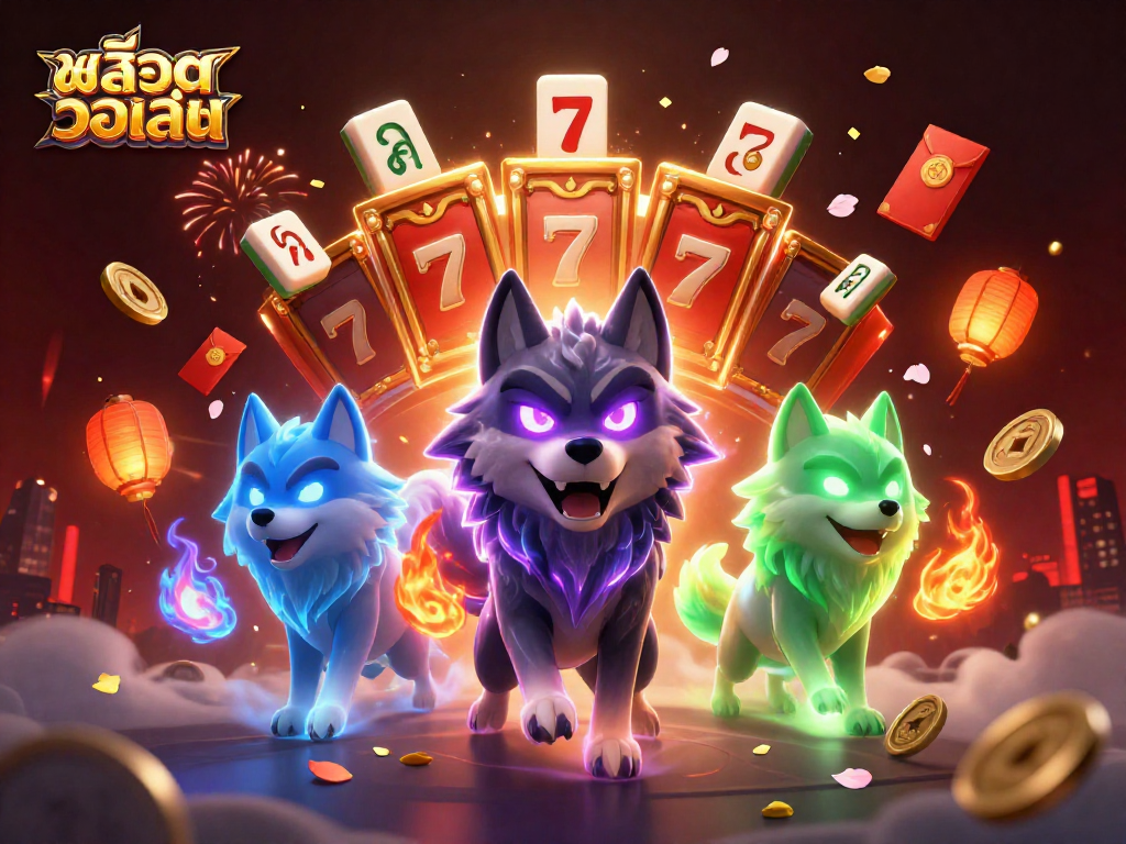 Experience the excitement of สล็อตวอเลท with dynamic slot reels and mystical wolves in a vibrant 3D illustration.