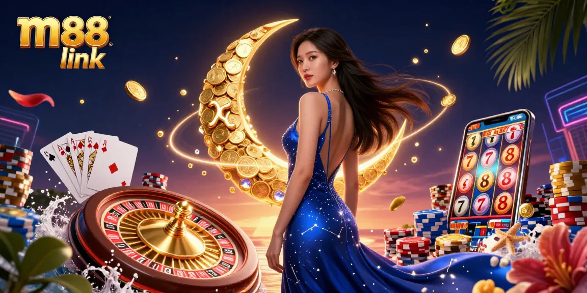 Tham gia với liên kết m88 và thưởng thức các trò chơi casino hấp dẫn trong một hình minh họa 3D sống động.