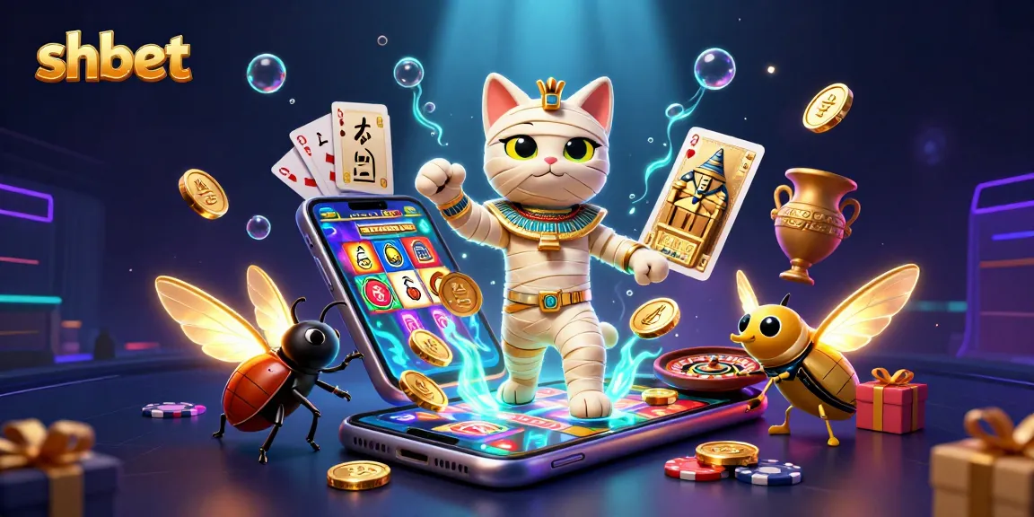 Engage with shbet's thrilling casino experience through this vibrant illustration of a mummy cat and scarab.