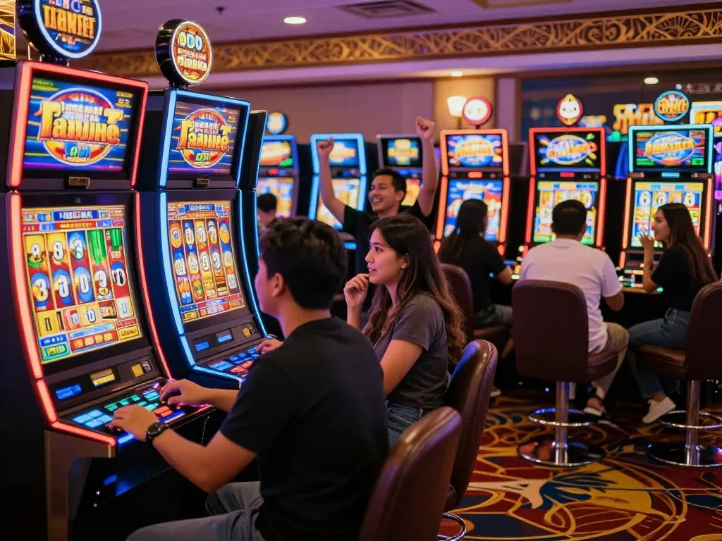 Players celebrating wins at vibrant slot gacor machines in a thrilling casino atmosphere.