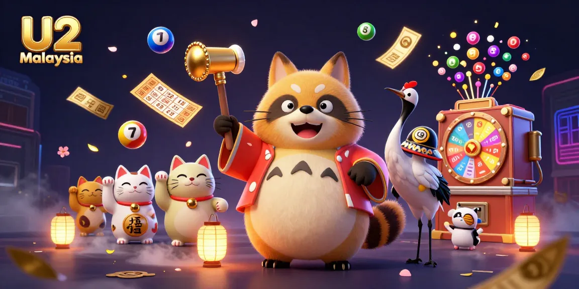 Cheerful tanuki and crane celebrating U2 Malaysia with vibrant lottery and casino elements.