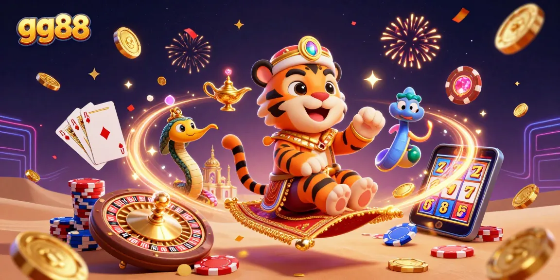 Experience the excitement of gg88 with a dynamic 3D illustration showcasing a vibrant Arabian Nights theme with gambling elements.
