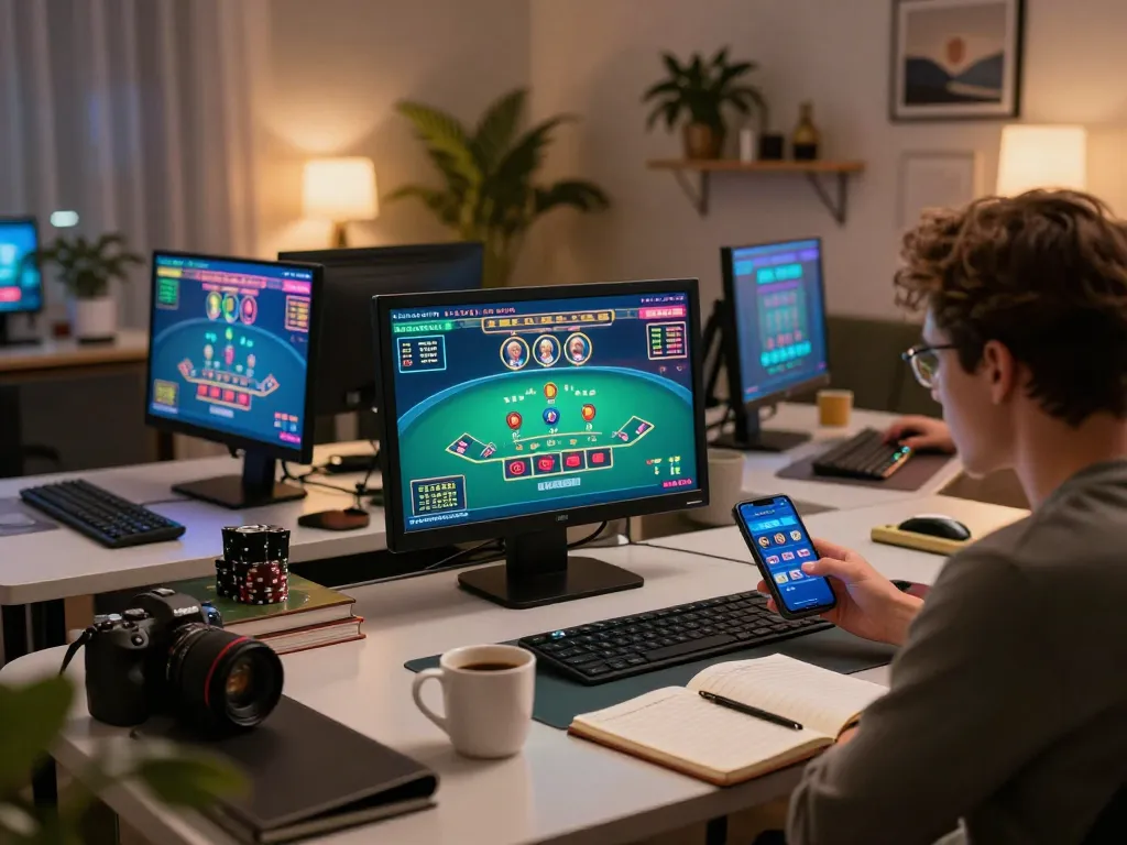 Experience the thrill of online gambling with 98win1 in an engaging home setup showcasing strategy.
