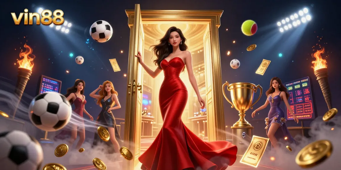 Experience thrilling gaming action at vin88 with vibrant casino illustration featuring a stunning character.