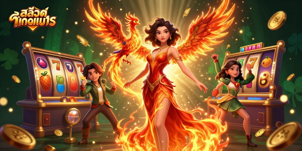Play สล็อตทดลอง and win big with engaging slot game features in this vibrant illustration.