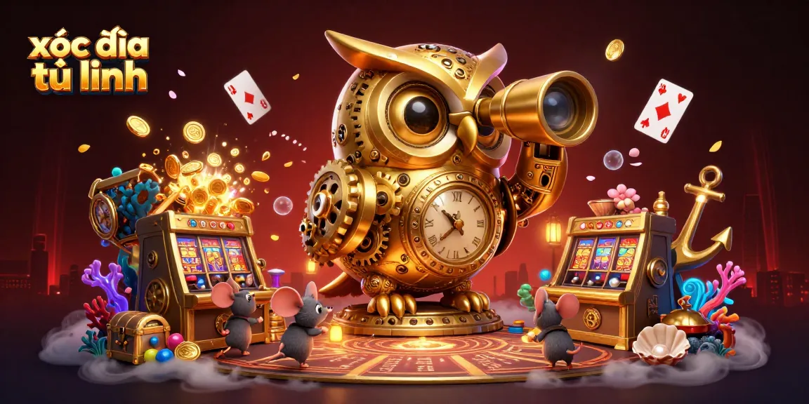xóc đĩa tứ linh gaming illustration featuring a clockwork owl and colorful casino elements in action