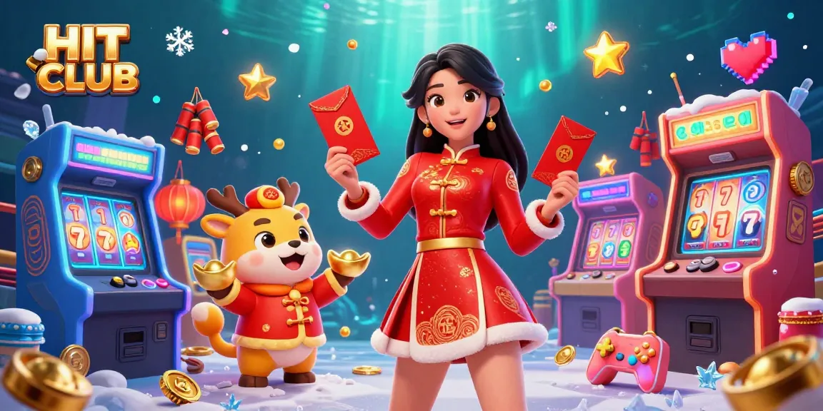 Experience the thrill of HIT CLUB with vibrant gaming elements, engaging characters, and festive decor in a dynamic casino atmosphere.
